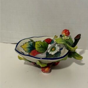 2004 Blue Sky Clayworks JC McCall Footed strawberry Floral Dish And Spoon